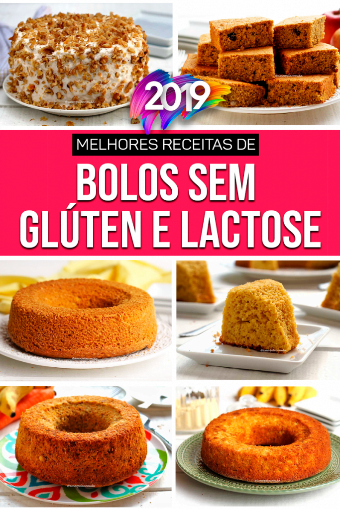 7 RECEITAS DE BOLOS SEM GLÚTEN E LACTOSE Montagem com 6 fotos de bolos sem glúten e lactose